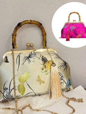 Bamboo Handle Embroidered Purse With Chain