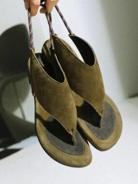 Suede Open Thong Sandals With Braided Rope Strap