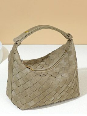 Faux Leather Bucket Suede Weaved Bag