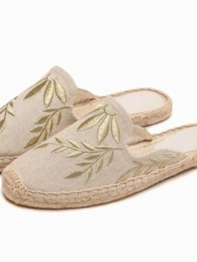 Golden Floral Embroidered Open Espadrilles
