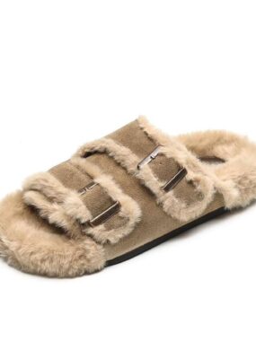 Open-toe Genuine Suede Furry Strapped Slides