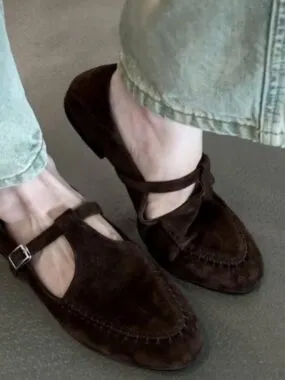 Stitched T-strap Brown Suede Loafers