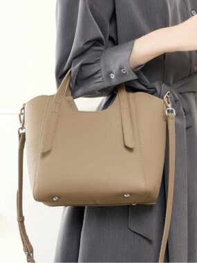Genuine Leather Handbag with Strap Detail