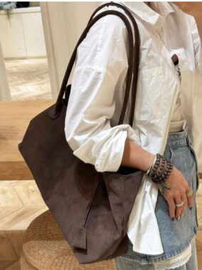 Genuine Suede Tote Bag with Thin Fold Strap