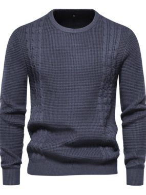 Waffle Patterned Solid Color Knit Sweater