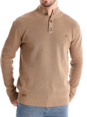 Knitted High Collar 3 Button Cotton Sweater