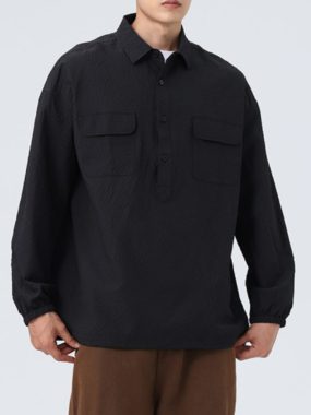 Half Button Lapel Collar Waffle Design Top