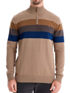 Casual Striped Knit Cotton Half Zip Sweater