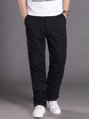 Thick Solid Color Fleece Lined Cargo Pants