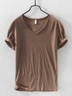 Cotton Unfinished Hem V-Neck Tee for Men