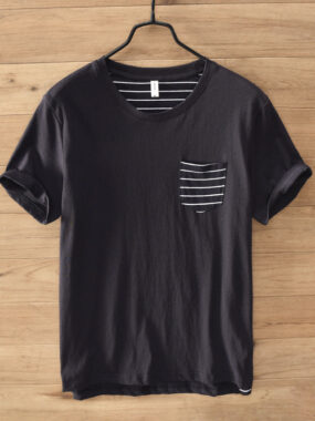 Cotton Basic Color T-shirt with Striped Chest Pocket