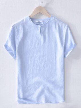 Pure Linen T-shirt with Single Button Collar