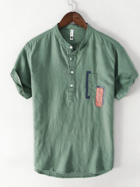 Mao Collar Style Linen & Cotton Short Sleeve Shirt