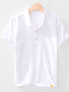 Summer Short Sleeve Polo Collar Cotton Ramie Shirt