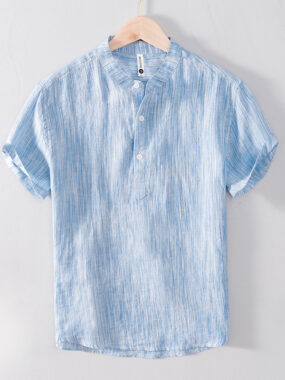 Striped Pure Linen Casual T-shirt with 3 Buttons