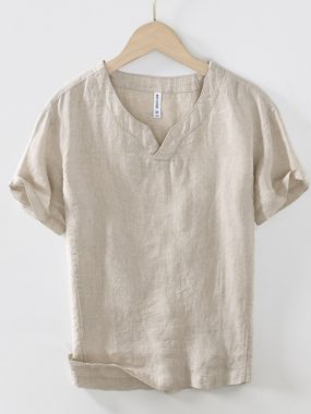 Vintage Pure Linen Men's V-Neck Shirt