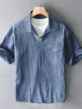 Folded Short Sleeve Cotton Ramie Blend Shirt
