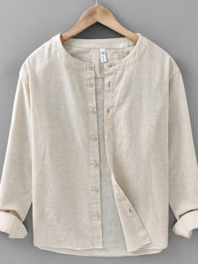 Long Sleeve Cotton Linen Blend Mao Collar Men's Shirt