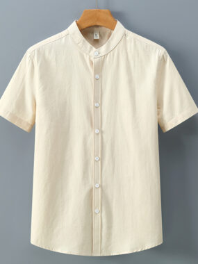 Collarless Cotton Short Sleeve Casual Office Shirt