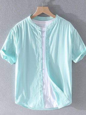 Mandarin Collar Cotton Short Sleeve Summer Shirt