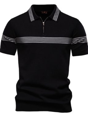 Men's Half Zip Lapel Striped T-shirt
