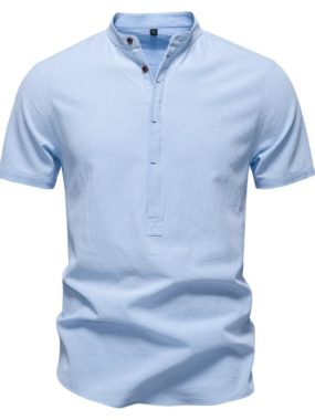 Cotton Linen Blend Shirt Sleeve Mao Collar