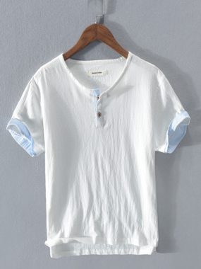 Cotton Linen Blend Contrast Color T-shirt