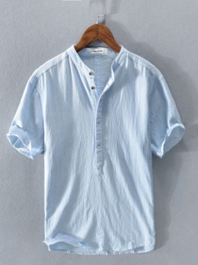 Cotton Linen Blend Mandarin Collar T-shirt