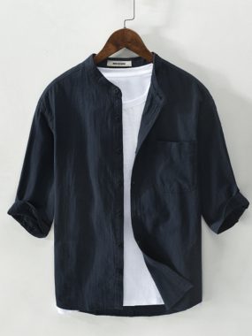 3/4th Sleeve Cotton Ramie Blend Mao Collar Shirt