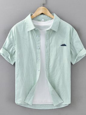Cotton Short Sleeve Striped Shirt with Chest Embroidery