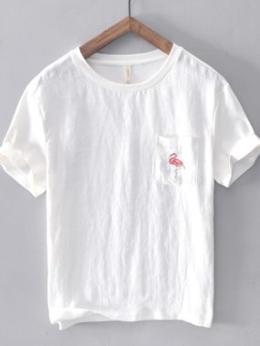 Men's Basic T-Shirt with Chest Flamingo Embroidery