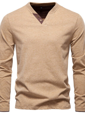 Color Contrast Mao Collar Long Sleeve Tee