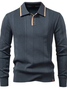 Lapel Collar Textured Sweater with Stripes