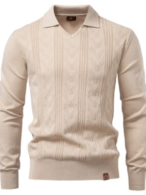 Classic V-Neck Lapel Collar Textured Knit Sweater