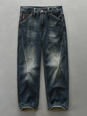 Contrast Wash Denim Jeans with Diagonal Pleats