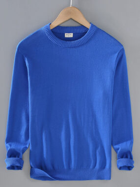 Pure Cotton Sweater Ribbed Round Neck Pullover