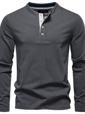Henley Collar Basic Long Sleeve Cotton Tee