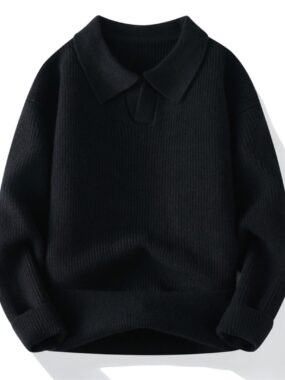 Ribbed Lapel Collar Knit Sweater