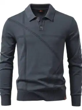 Long Sleeve Polo Collar Striped Texture Sweater