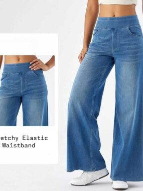 Relaxed Wide Leg Denim Pants with Elastic Waistband