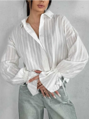 Self-Striped Blouse with Poet Cuffs