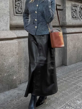 Pu Leather Paneled Long Skirt
