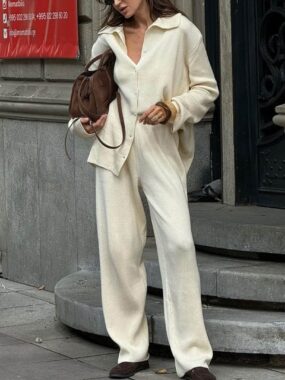 Knit Ribbed Co-ord Lapel Collar Pants Set