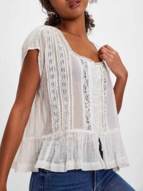 Short Sleeve Patch Lace Boho Blouse