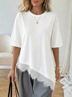 Basic Tee with a Diagonal Lace Hem