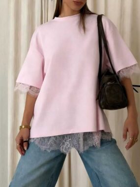 Loose T-shirts with Back Fold and Lace Hems