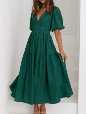 Tiered Short Sleeve Empire V-Neck Dress