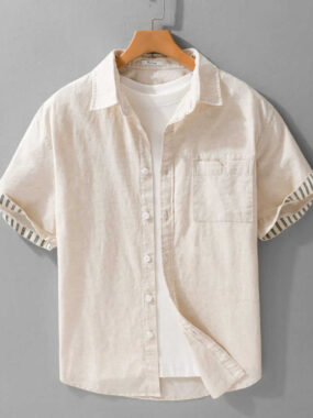 Short Sleeve Shirt with Folding Striped  Sleeves