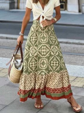 Colored Boho Long Skirt with Arabesque Print