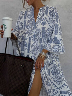 A-line Aztec Collarless Dress with Bell Sleeve